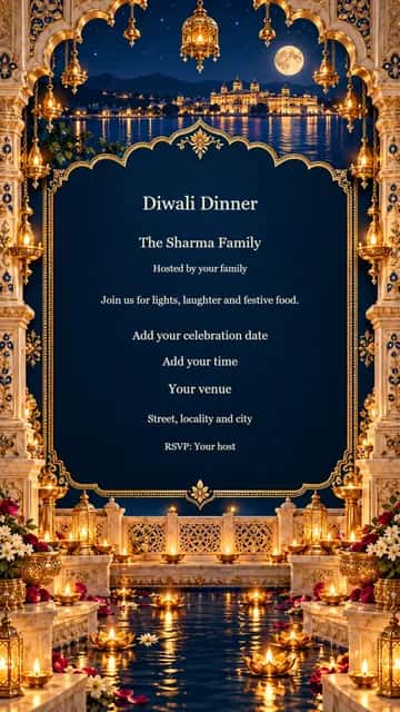 Moonlit Palace Diwali Dinner — A candlelit lake palace and scalloped gold arch frame a midnight-blue dinner invitation.