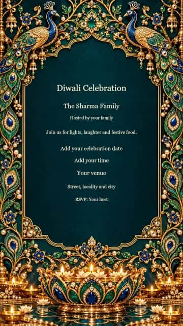 Peacock Enamel Diwali Party — Jeweled peacocks and emerald meenakari surround your evening celebration.