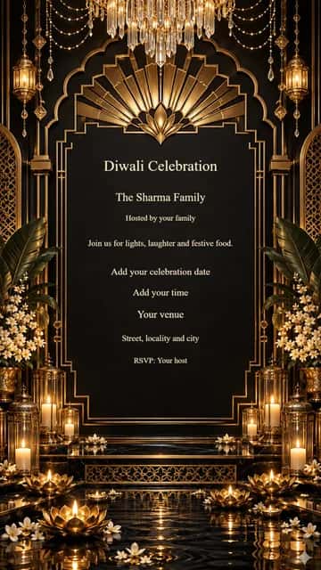 Art Deco Diwali Cards Party — A crystal chandelier and geometric gold sunburst frame a black onyx party invitation.