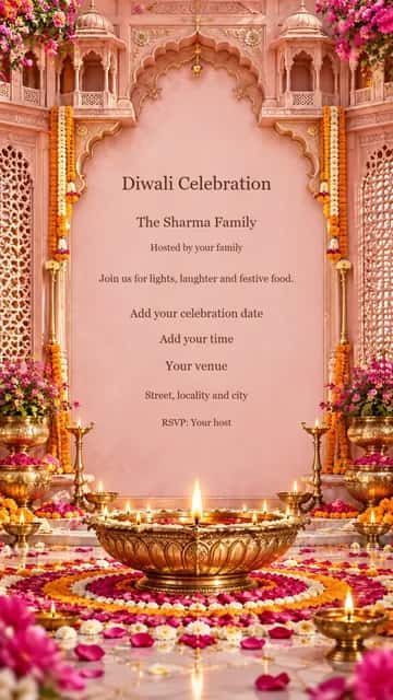 Jaipur Courtyard Society Diwali — Pink palace balconies and a flower rangoli welcome the whole community.