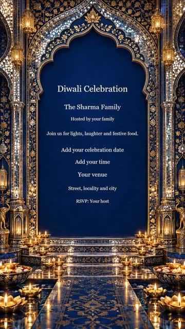 Sheesh Mahal Diwali Invitation — Mirror mosaics and lapis-blue arches bring the royal mirror palace to your celebration.