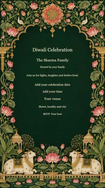 Pichwai Lotus Diwali Gathering — Painted lotus vines and traditional Pichwai details surround your gathering invitation.