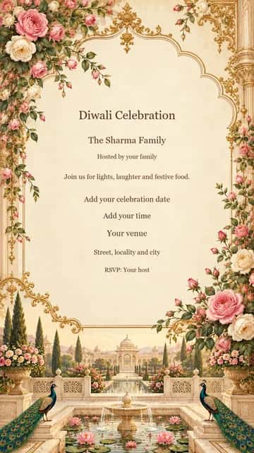 Royal Rose Garden Diwali Invite — Climbing roses, a palace garden and fine gold scrollwork frame warm ivory parchment.