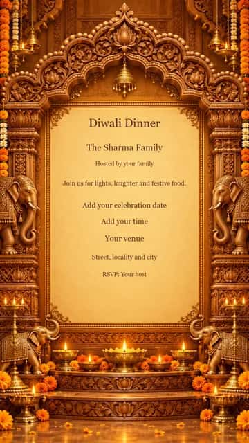 Sandalwood Durbar Family Dinner — Carved elephant reliefs and sandalwood ornament frame a golden dinner invitation.