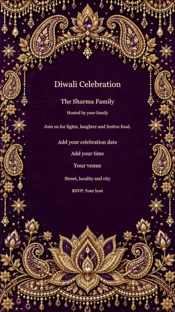 Zardozi Velvet Diwali Party — Gold paisley embroidery, pearl fringe and deep purple velvet set a luxurious tone.