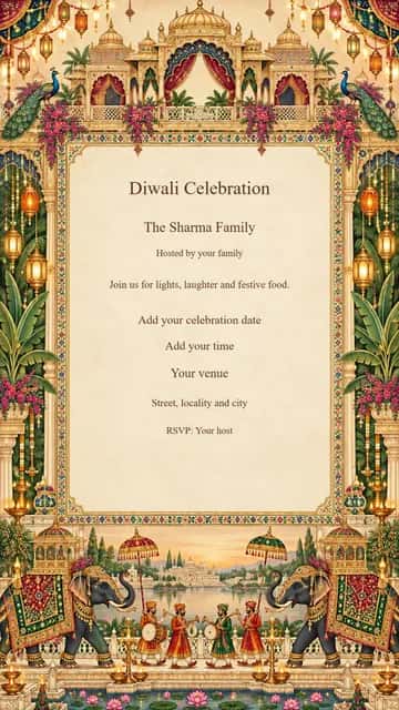 Royal Procession Diwali Gathering — A colorful palace miniature with ceremonial elephants celebrates a joyful family reunion.