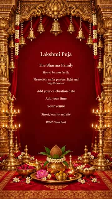 Temple Bells Lakshmi Puja — Sculpted gold temple details, hanging bells and vermilion silk frame your puja invitation.
