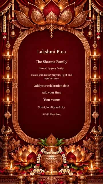 Copper Lotus Lakshmi Pujan — A copper lotus canopy and engraved oval arch surround rich ruby velvet.