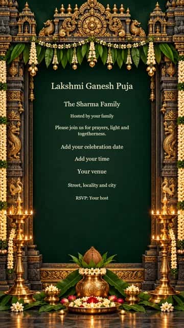 Jasmine Doorway Lakshmi Ganesh Puja — Granite temple carving, mango leaves and jasmine welcome guests to your family puja.