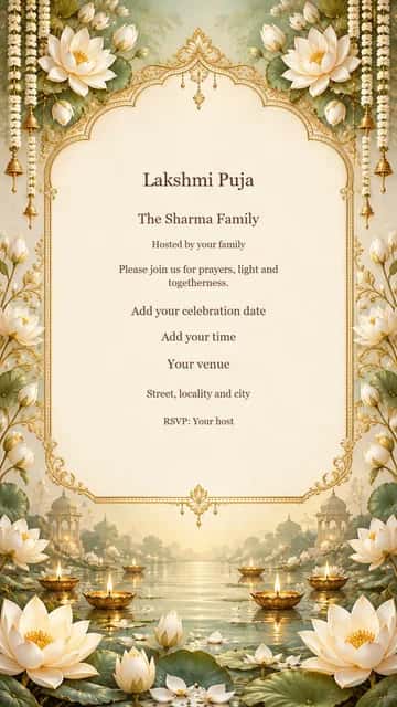 White Lotus Pond Puja — Floating lamps, white lotuses and fine gold filigree surround a soft ivory panel.