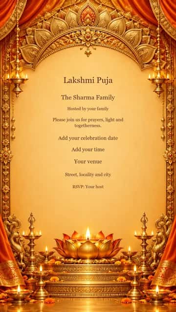 Golden Mandala Lakshmi Puja — A sculpted mandala crown and single lotus lamp frame a clear golden writing panel.