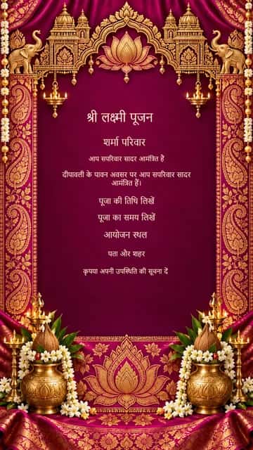 बनारसी श्री लक्ष्मी पूजन आमंत्रण — Magenta Banarasi brocade, woven paisleys and jasmine frame Hindi puja details.