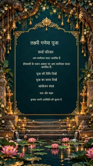 वटवृक्ष लक्ष्मी गणेश पूजा — A sacred banyan canopy, hanging bells and a moonlit lotus pond frame your invitation.