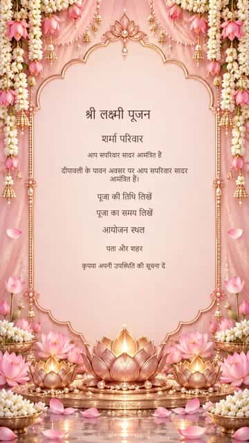 गुलाबी कमल दीपावली आमंत्रण — Pearl pink silk, jasmine garlands and rose-gold lotus lamps soften this Hindi invitation.