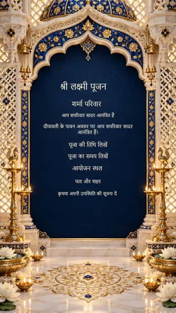 नीलम जाली राजसी लक्ष्मी पूजा — Ivory marble lattice and lapis inlay surround a royal sapphire panel.