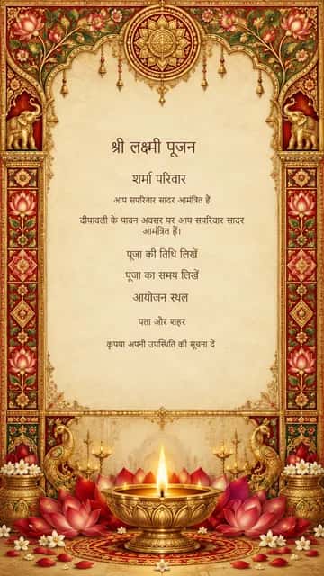 स्वर्ण पांडुलिपि दीपावली पूजा — Painted manuscript borders and a single brass diya frame cream parchment.