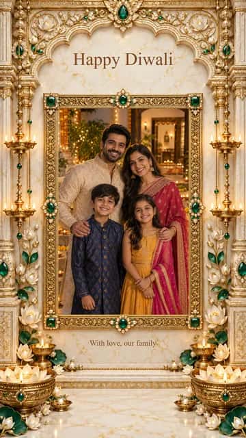 Royal Family Diwali Collage — Royal Family Diwali Collage brings one portrait into a gold-accented composition. Adjust each crop and add your family message.