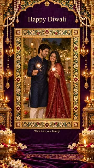 Golden Diwali Couple Frame — Golden Diwali Couple Frame brings one portrait into a warm festive composition. Adjust each crop and add your couple message.
