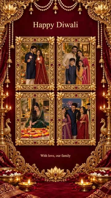 Four Photo Diwali Memories — Four Photo Diwali Memories brings 4 photographs into a gold-accented composition. Adjust each crop and add your family message.