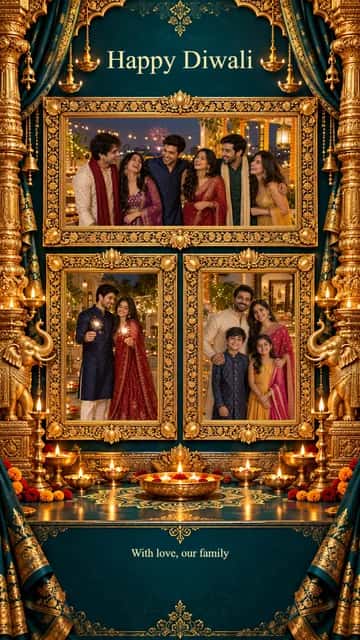 Three Photo Family Celebration — Three Photo Family Celebration brings 3 photographs into a warm festive composition. Adjust each crop and add your family message.
