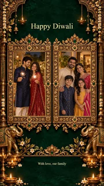 Traditional Deepavali Frame — Traditional Deepavali Frame brings 2 photographs into a gold-accented composition. Adjust each crop and add your family message.