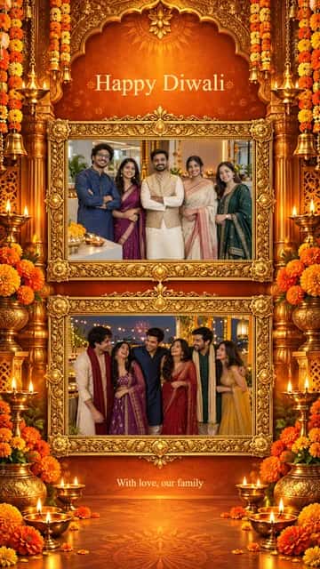 Diya & Lantern Photo Collage — Diya & Lantern Photo Collage brings 2 photographs into a warm festive composition. Adjust each crop and add your friends message.