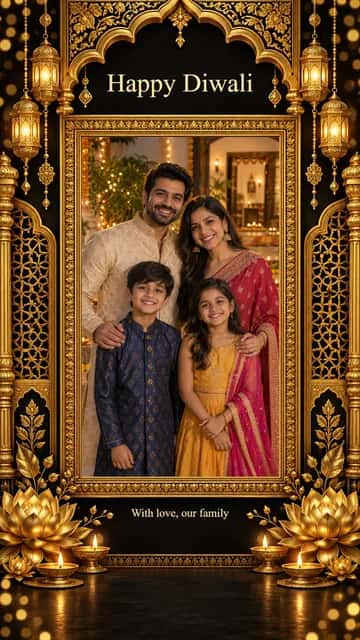 Luxury Navy Gold Diwali Frame — Luxury Navy Gold Diwali Frame brings one portrait into a gold-accented composition. Adjust each crop and add your family message.