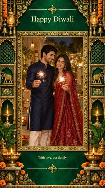 Parents Diwali Memory — Parents Diwali Memory brings one portrait into a warm festive composition. Adjust each crop and add your family message.