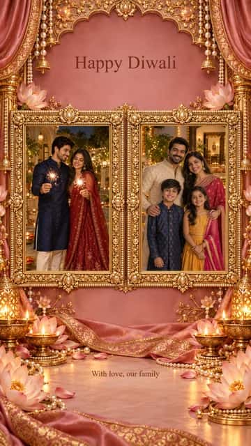 Couple Diwali Celebration — Couple Diwali Celebration brings 2 photographs into a gold-accented composition. Adjust each crop and add your couple message.