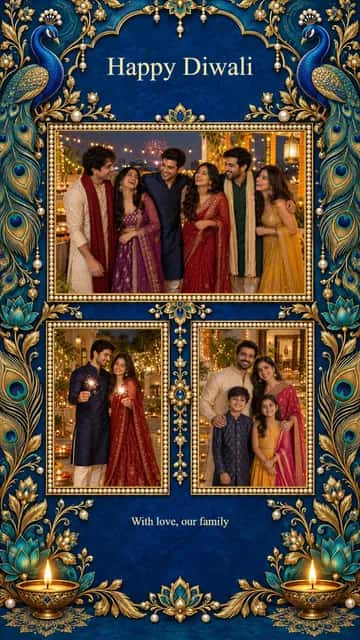 Friends Diwali Collage — Friends Diwali Collage brings 3 photographs into a warm festive composition. Adjust each crop and add your friends message.