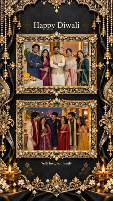 Minimal Diwali Photo Frame — Minimal Diwali Photo Frame brings 2 photographs into a gold-accented composition. Adjust each crop and add your family message.