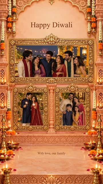 Marigold Family Collage — Marigold Family Collage brings 3 photographs into a warm festive composition. Adjust each crop and add your family message.