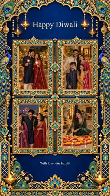 Festival Lights Photo Collage — Festival Lights Photo Collage brings 4 photographs into a gold-accented composition. Adjust each crop and add your friends message.