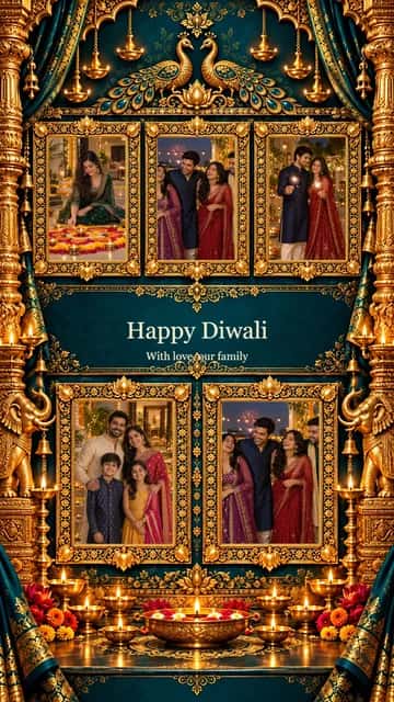 Five Photo Diwali Story — Five Photo Diwali Story brings 5 photographs into a warm festive composition. Adjust each crop and add your family message.