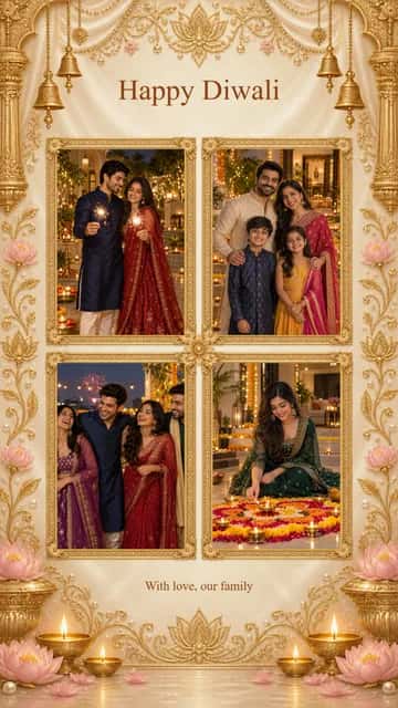 Happy Diwali Family Frame — Happy Diwali Family Frame brings 4 photographs into a gold-accented composition. Adjust each crop and add your family message.
