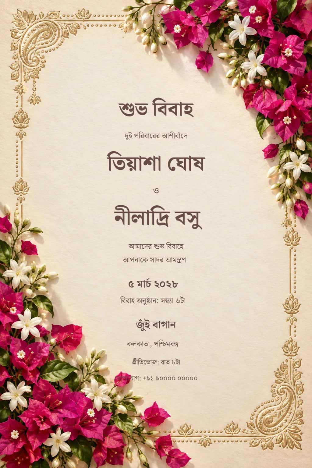 Bengali Champagne Bougainvillea Wedding Invitation