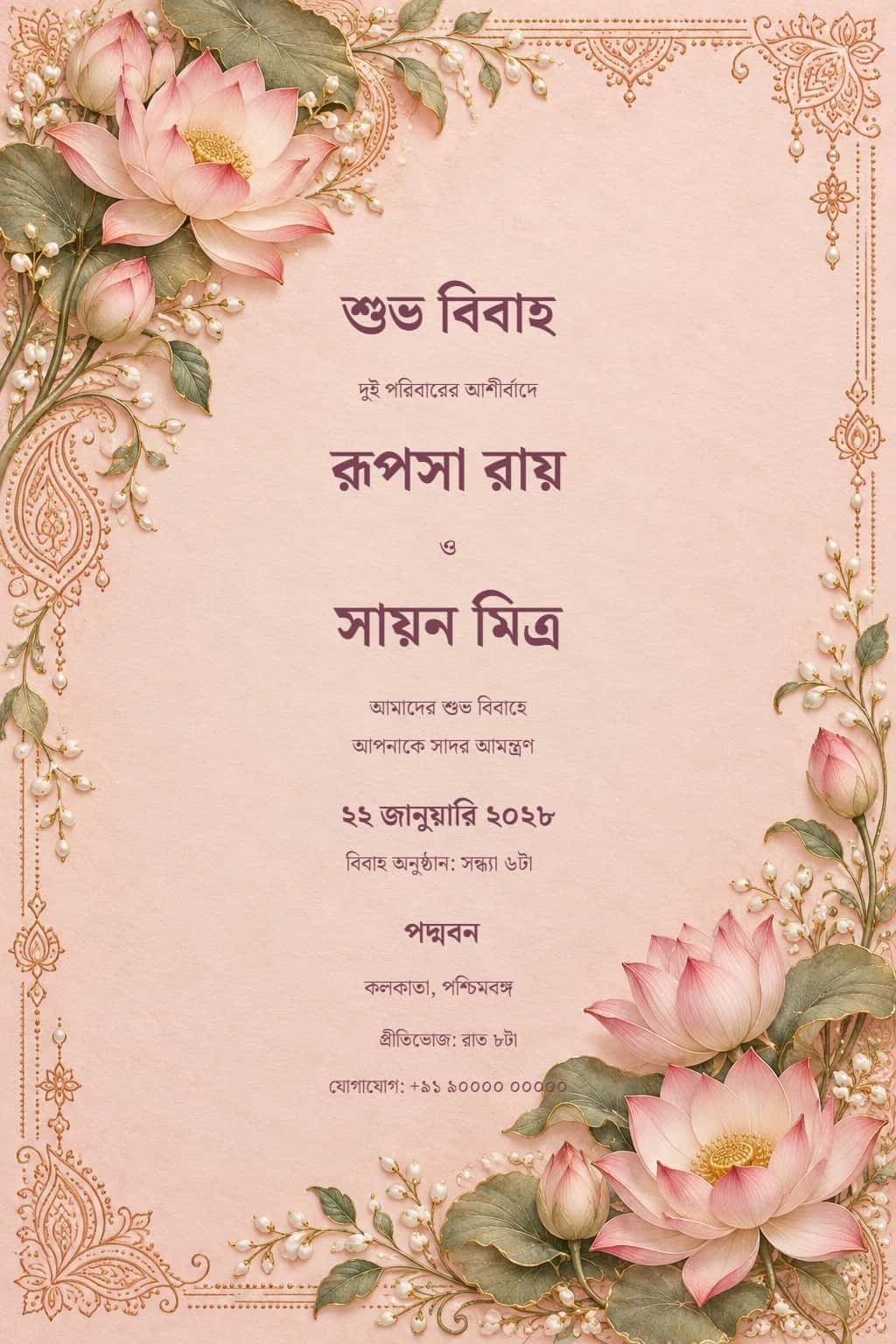 Bengali Lotus Rosewater Wedding Invitation