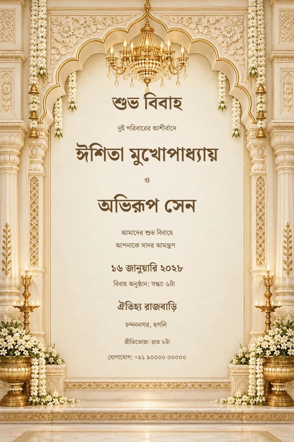 Bengali Rajbari Ivory Wedding Invitation