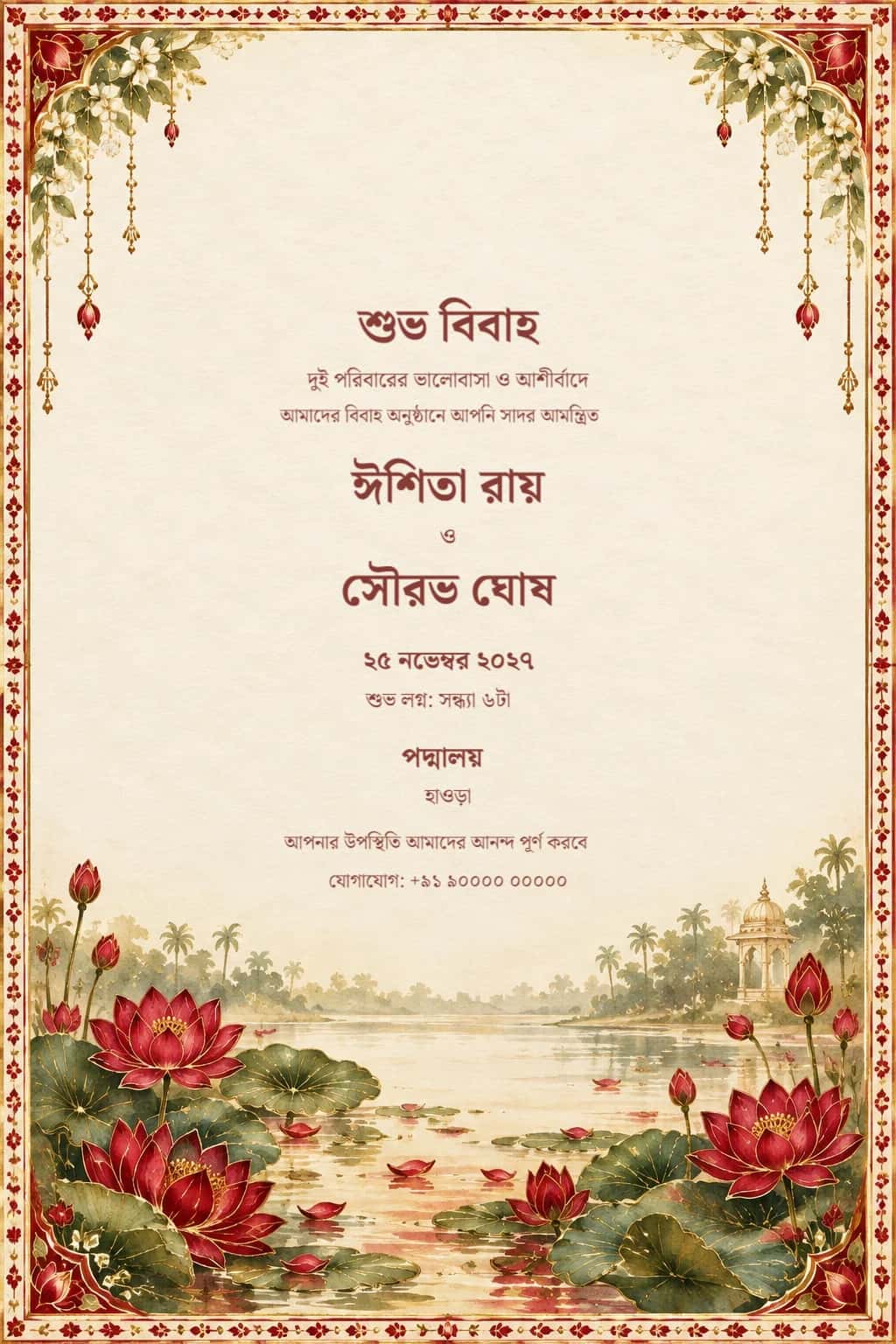 Bengali Red Lotus Alpona Wedding Invitation