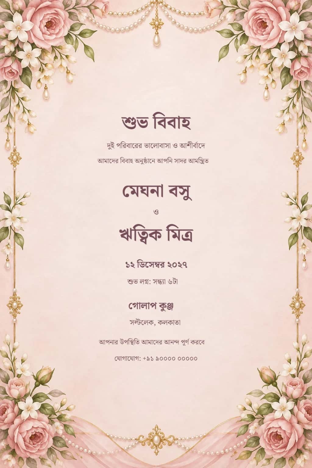 Bengali Rose and Jasmine Wedding Invitation