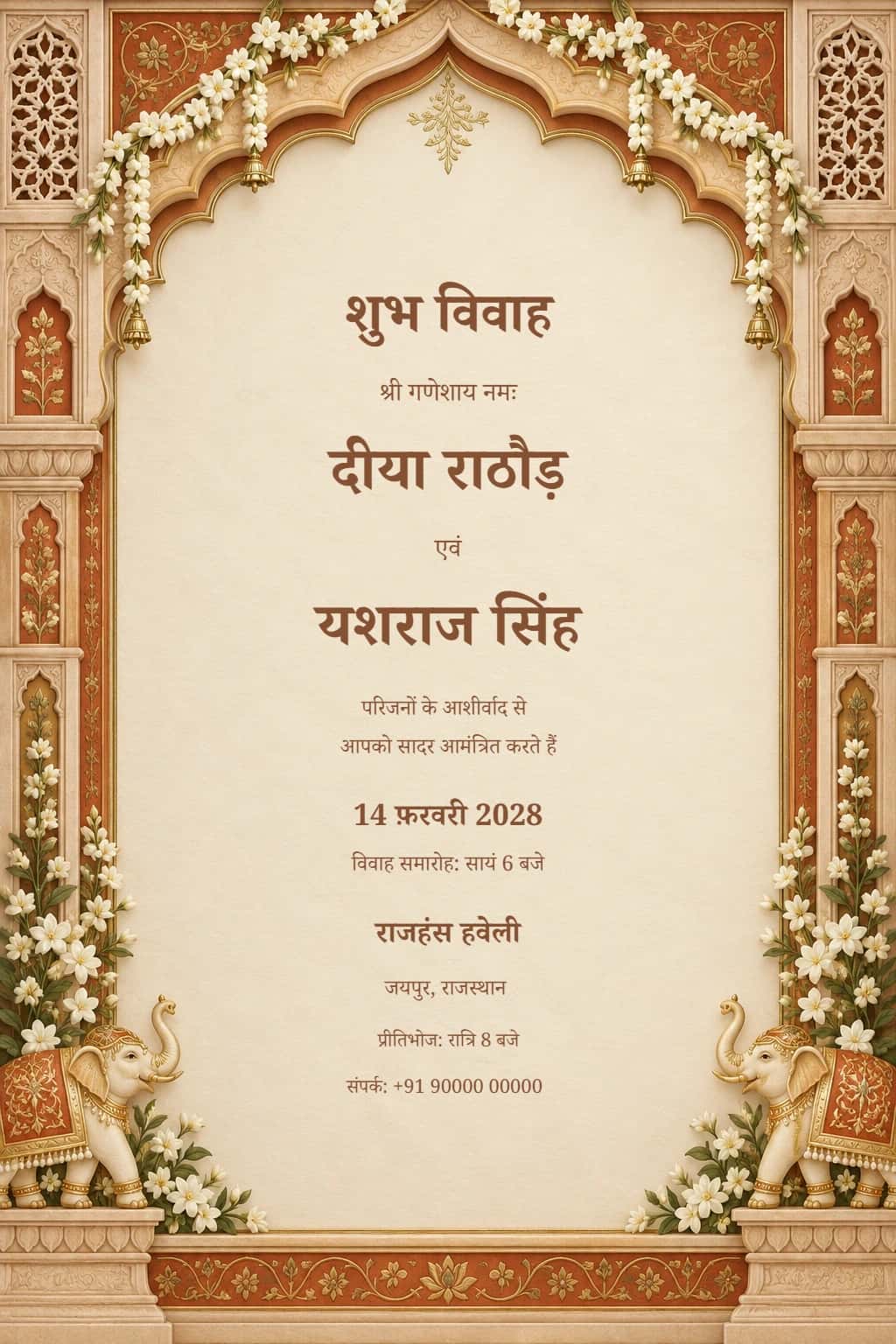 Hindi Rajput Haveli Ivory Hindu Wedding Invitation