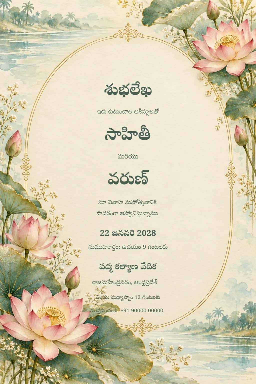 Telugu Godavari Lotus Wedding Invitation