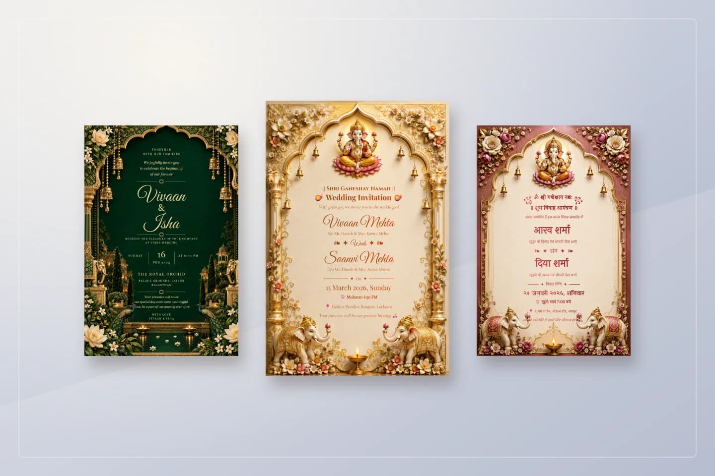 Sample designs for how to create a wedding invitation online with My Golden Card