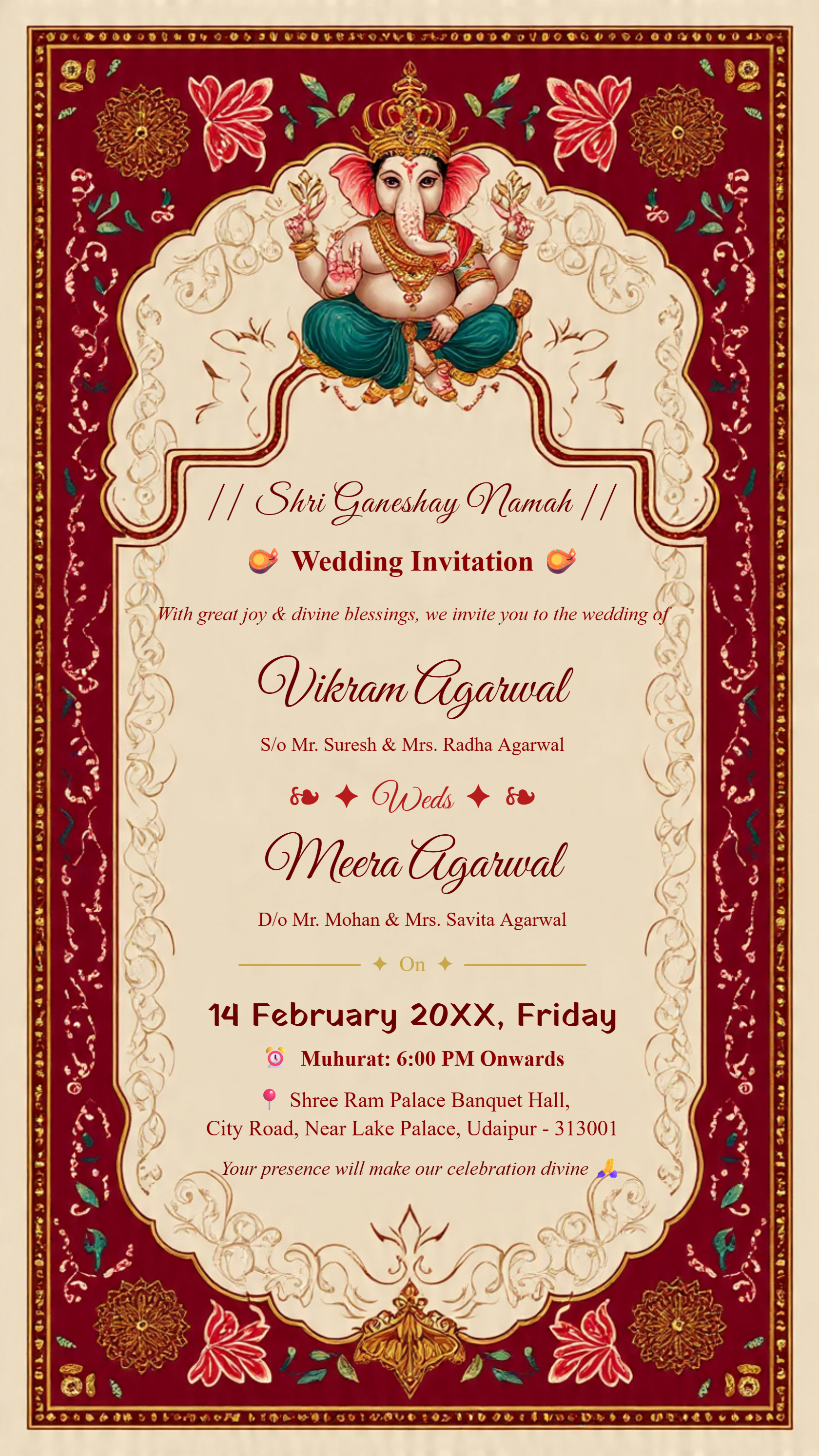 Royal Hindu wedding invitation card featuring Lord Ganesha