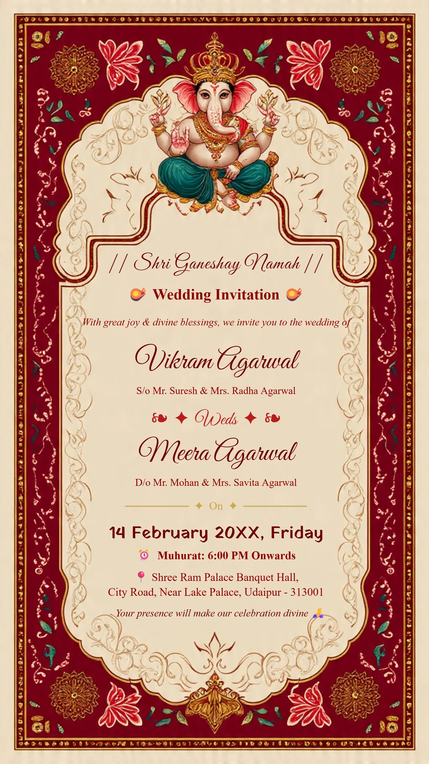 Royal Hindu wedding invitation card featuring Lord Ganesha