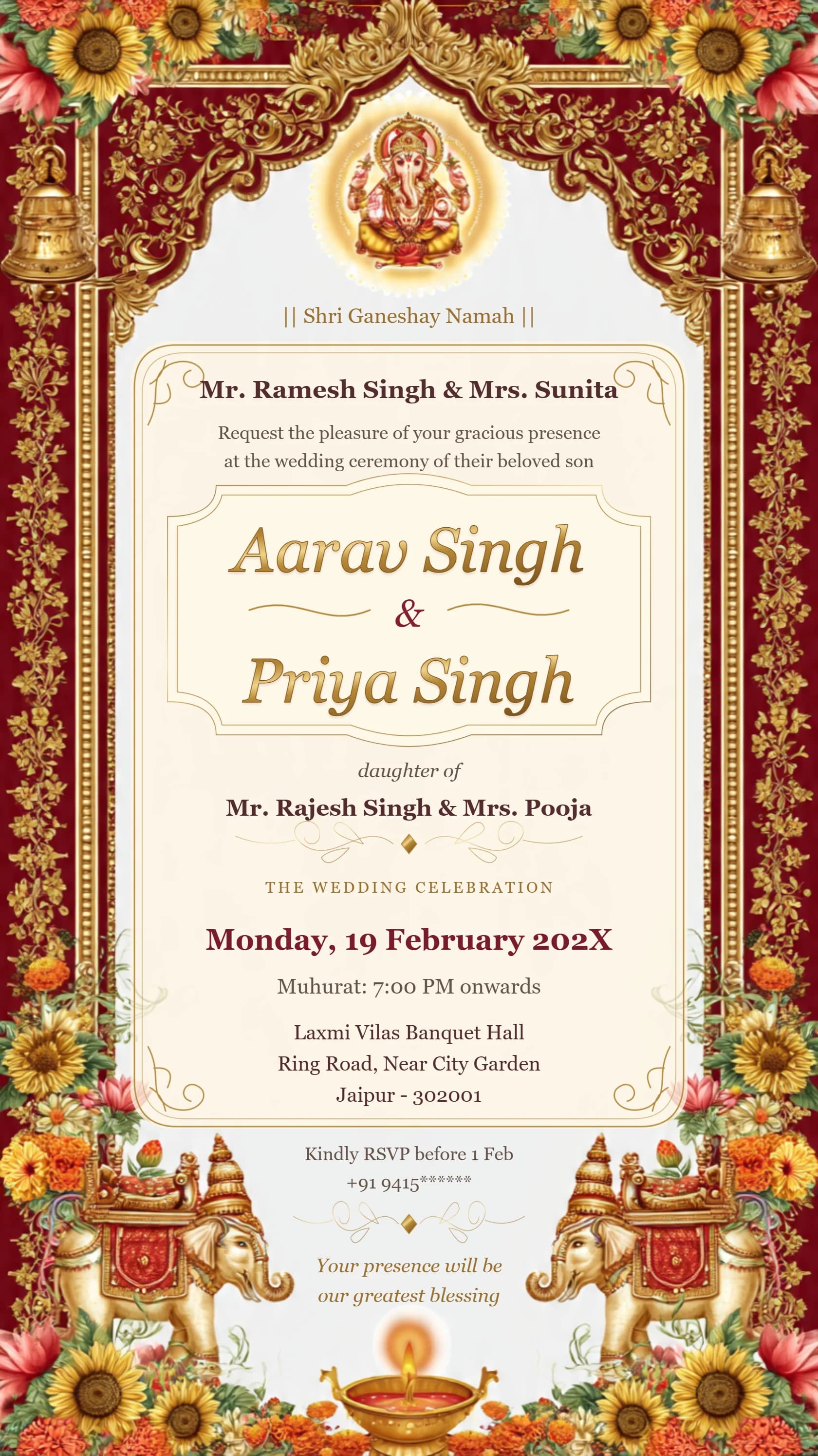 Luxury Ganesh wedding invitation with ivory and gold filigree