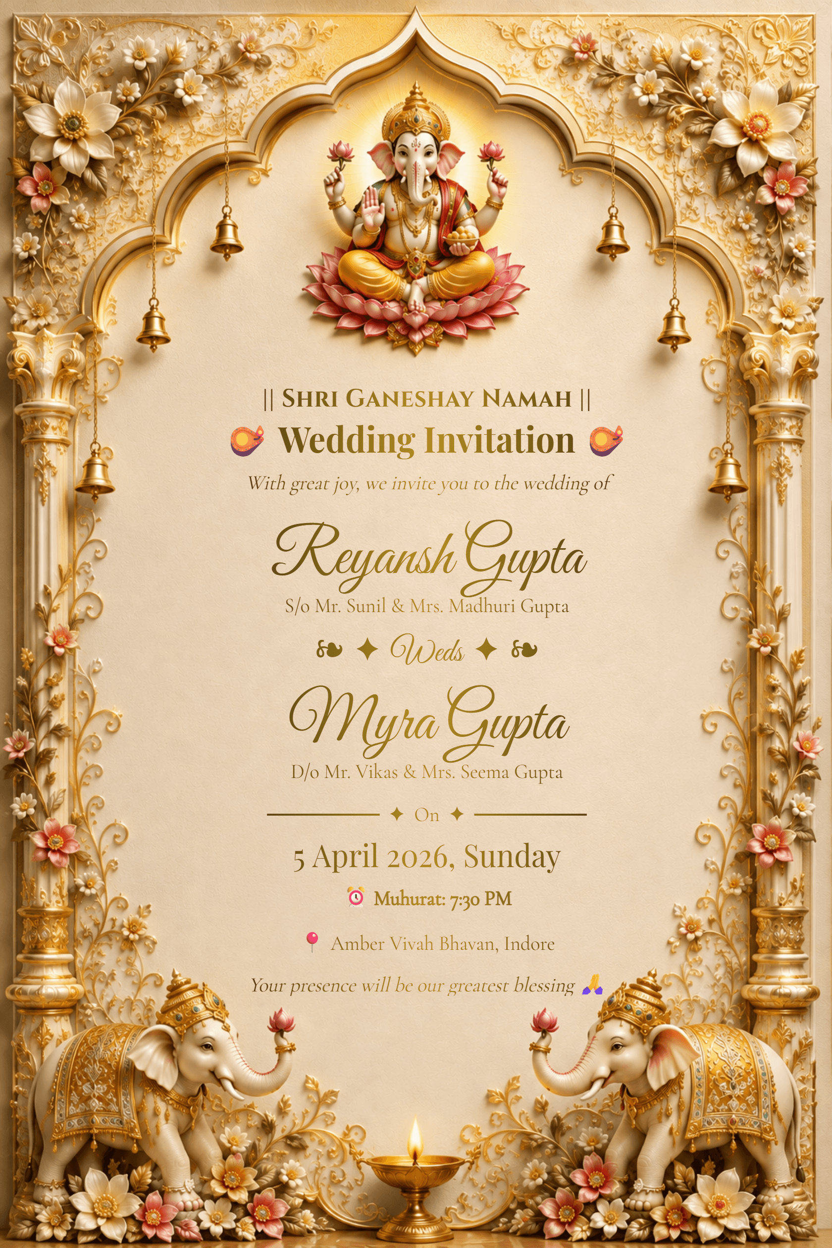 Floral gold Ganesh Hindu wedding invitation card with elephant motif