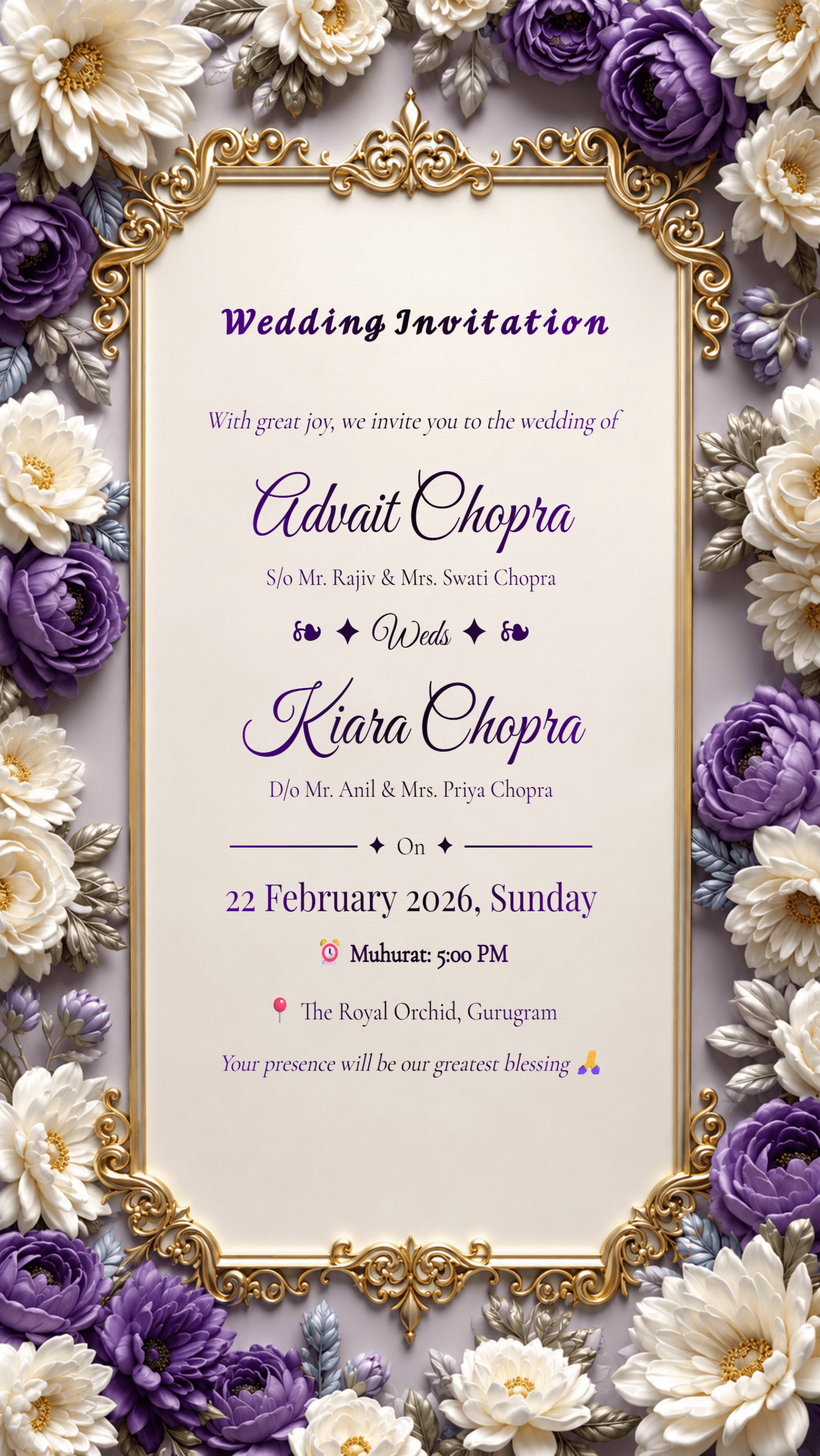 Purple ivory floral luxury wedding invitation card