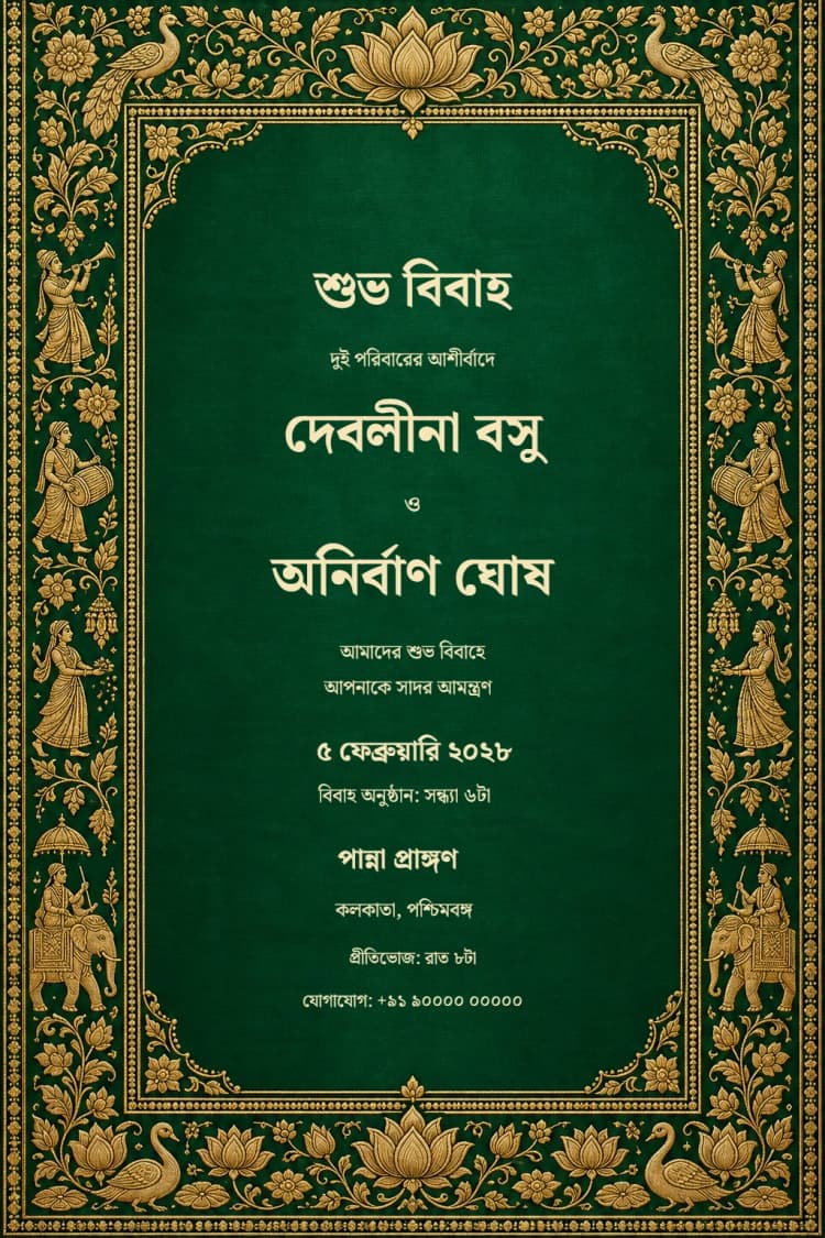 Bengali Baluchari Emerald Wedding Invitation