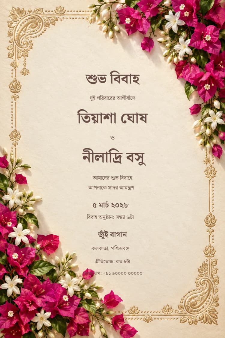 Bengali Champagne Bougainvillea Wedding Invitation